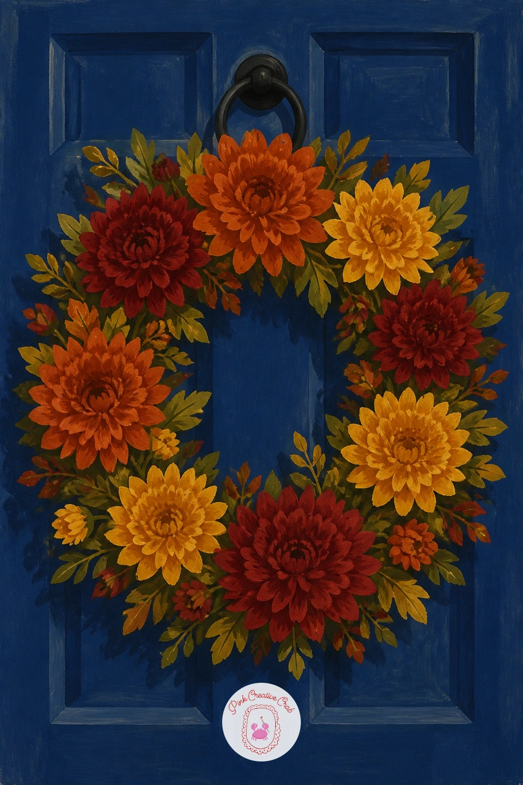 Chrysanthemum Wreath on a Blue Door — Circle back to the front door for a chrysanthemum wreath hanging on painted blue door. Chrysanthemum painting