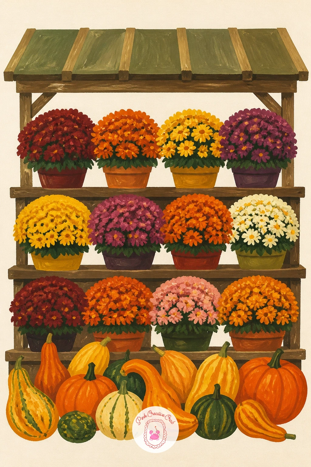 Farm Stand With Rows of Mums and Gourds — Open the scene wider for a farm stand lined with rows of potted mums and heaped gourds. Chrysanthemum painting