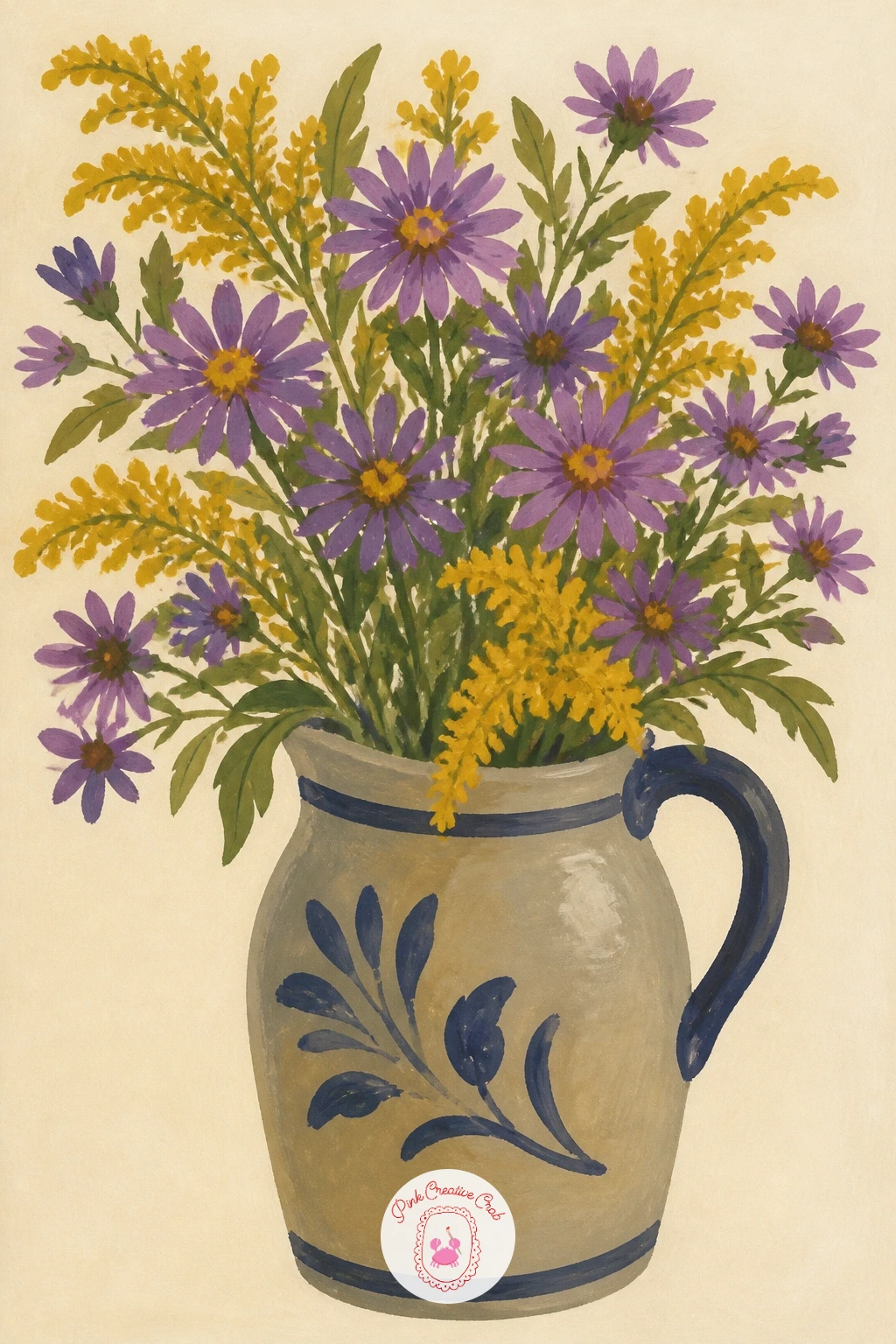 Jug of Asters and Goldenrod on a Farmhouse Table — Gather a loose jug of purple asters and golden goldenrod next, standing on a worn farmhouse table.