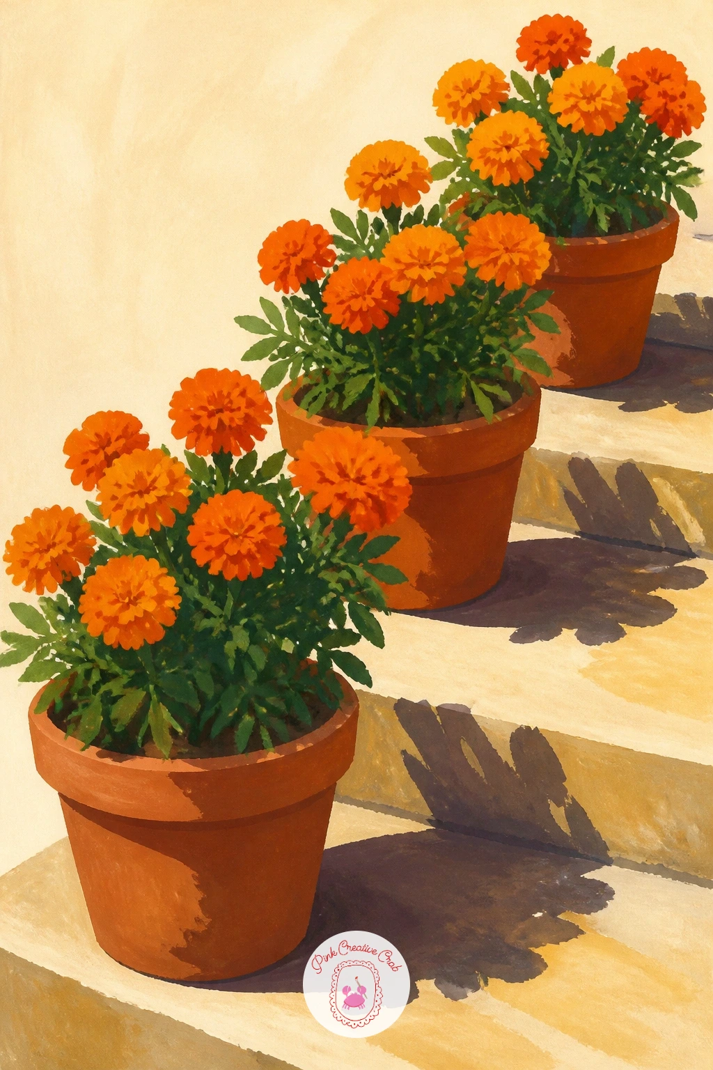 Orange Marigolds in Clay Pots on a Sunny Step — Bring back a doorstep setting for orange marigolds lined up in clay pots along a sunny step. Chrysanthemum