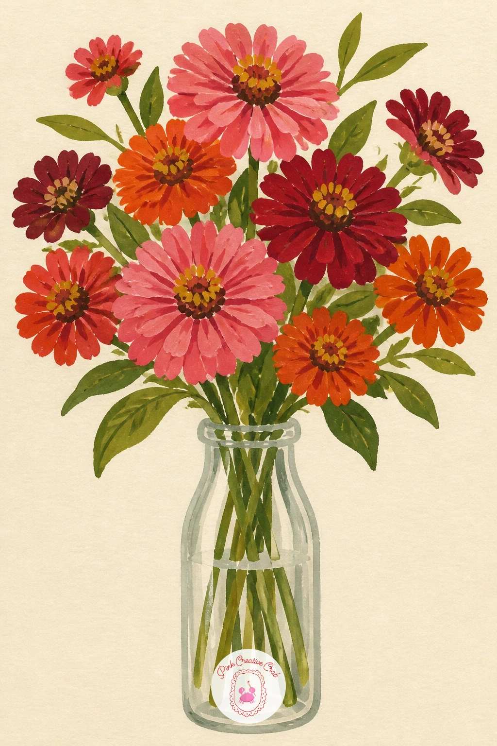Zinnia Bouquet in a Milk Bottle — Keep the energy bright with a loose zinnia bouquet gathered in an old glass milk bottle. Chrysanthemum painting
