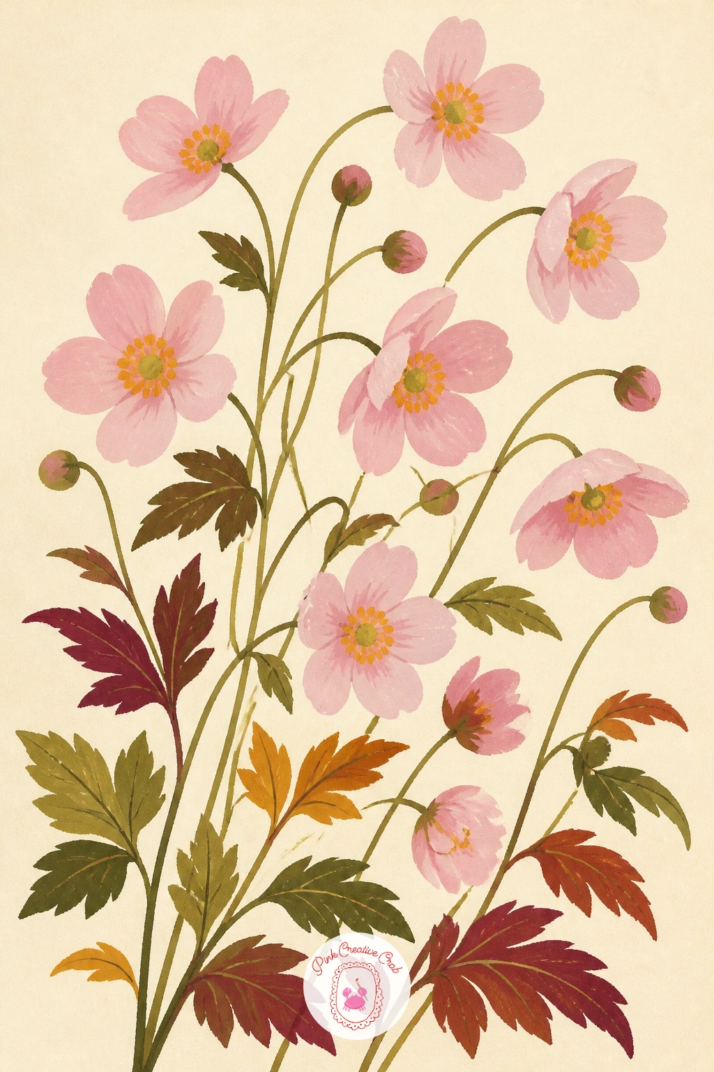 Japanese Anemones Nodding in the Breeze — Move outdoors for Japanese anemones nodding on their tall, thin stems in a breeze. Chrysanthemum painting