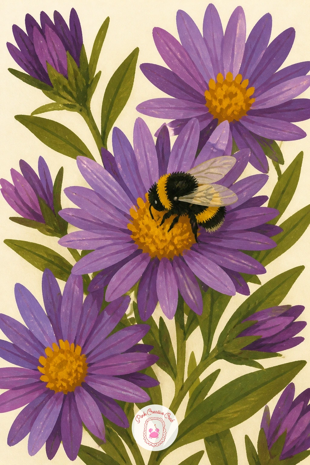 Bumblebee on Purple Asters — Bring in a small creature for a bumblebee resting on a cluster of purple asters. Chrysanthemum painting