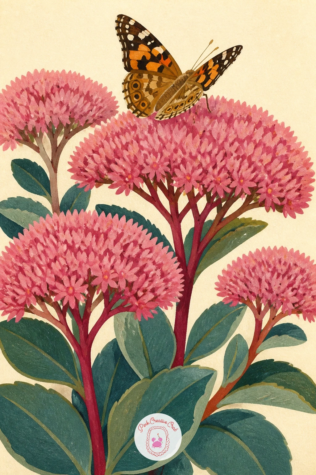Pink Sedum Heads With a Butterfly — Pair another insect with pink sedum heads, those flat clusters of tiny star-shaped flowers that turn a dusty rose in fall.