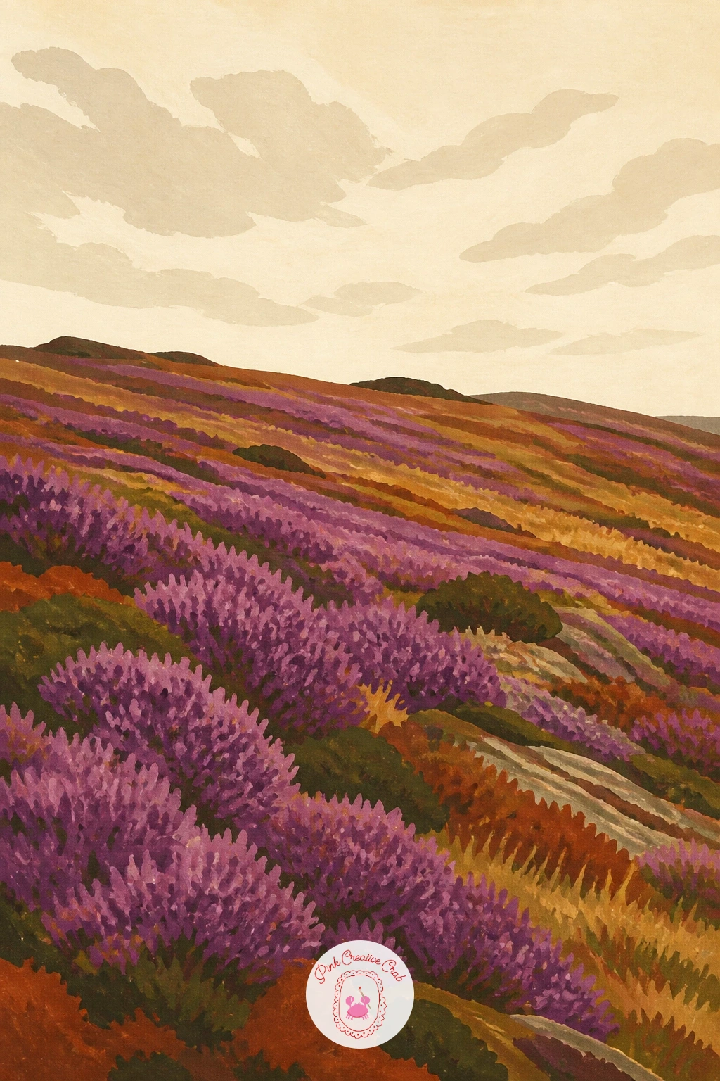 Hillside of Heather in Purple Bloom — Pull back to a landscape now, a rolling hillside covered in purple heather in full bloom. Chrysanthemum painting
