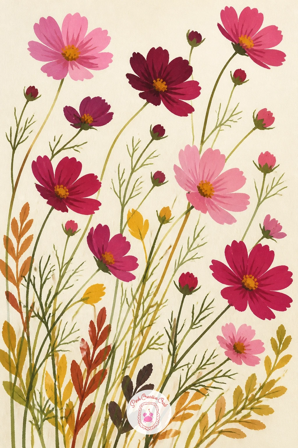 Cosmos Swaying Against a Pale Sky — Return to a garden flower for cosmos swaying on their tall, wiry stems against a pale autumn sky. Chrysanthemum painting