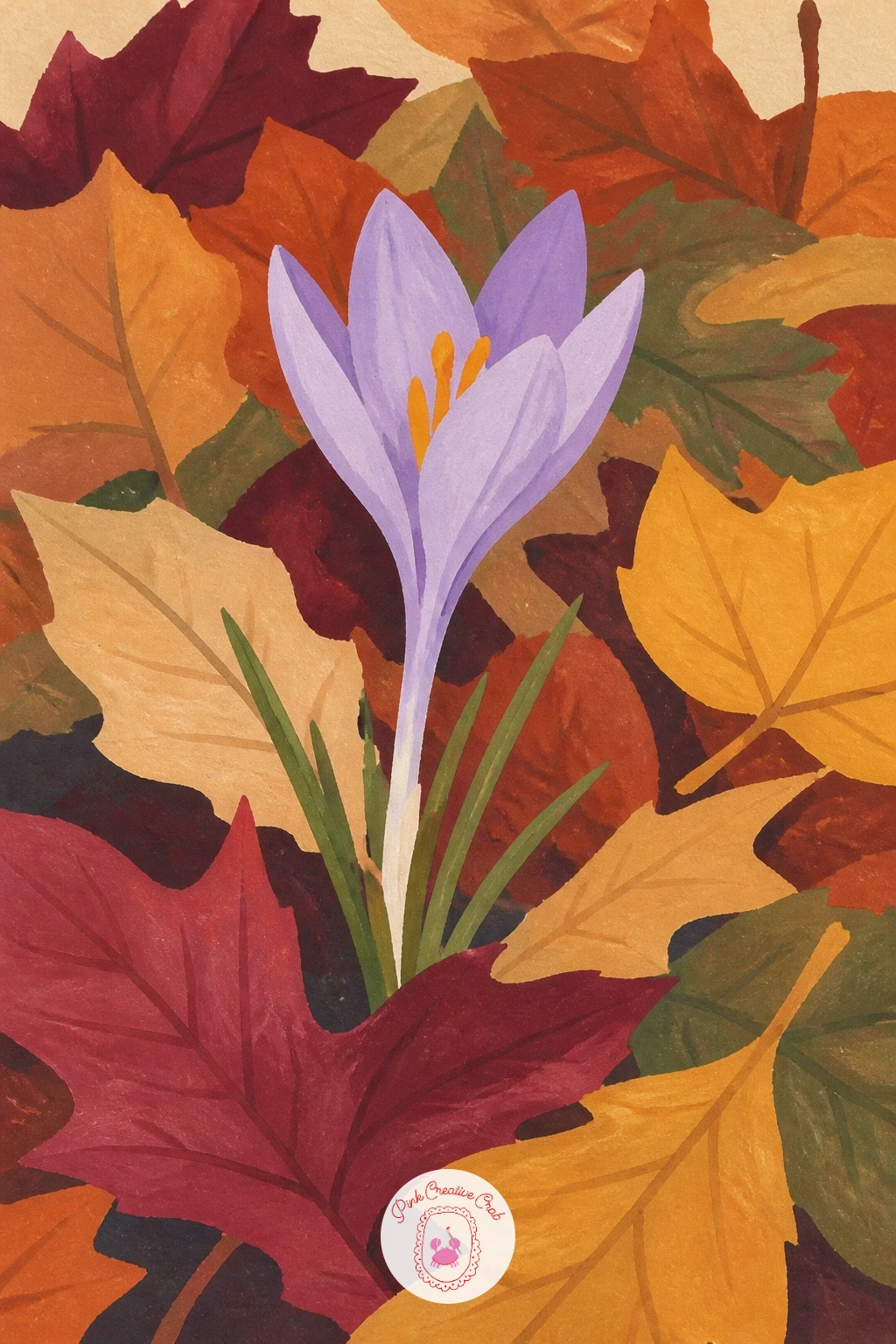 Autumn Crocus Through Fallen Leaves — Look down at ground level for an autumn crocus pushing up through a scatter of fallen leaves. Chrysanthemum painting