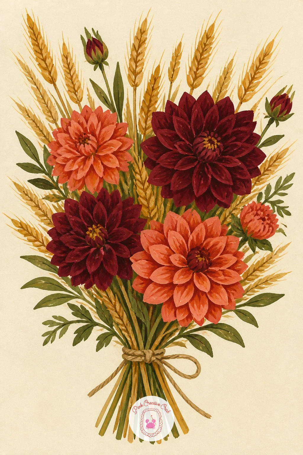Hand-Tied Bouquet of Dahlias and Wheat — Gather one last big bouquet, dahlias mixed with golden wheat stems, tied with a simple bow at the base. Chrysanthemum