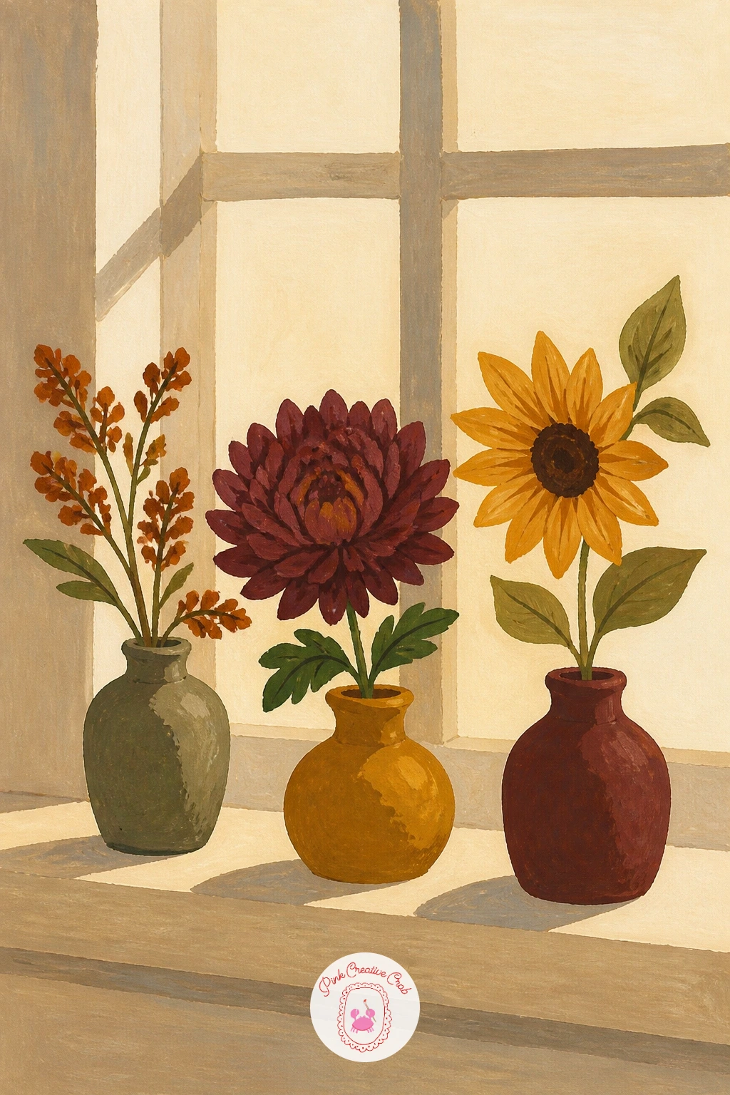 Windowsill With Three Small Vases of Autumn Flowers — Line up a windowsill with three small vases, each holding a different autumn flower, for a quiet closing