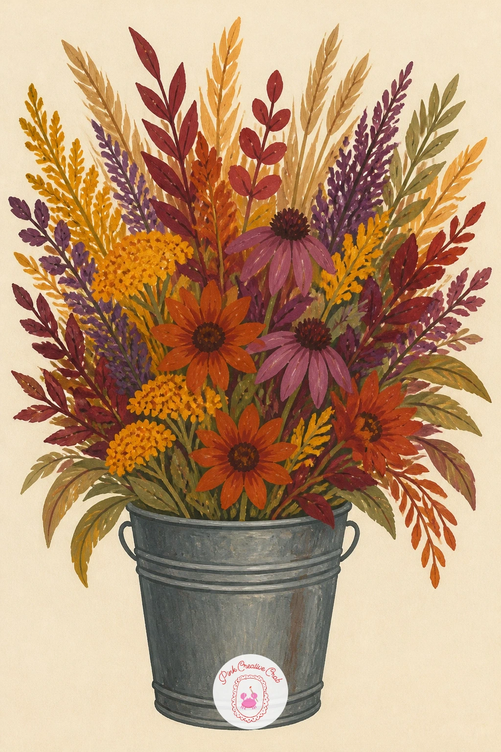 Market Bucket of Mixed Autumn Stems — Close out the list with a full market bucket crammed with mixed autumn stems, a lively tangle to send you off.