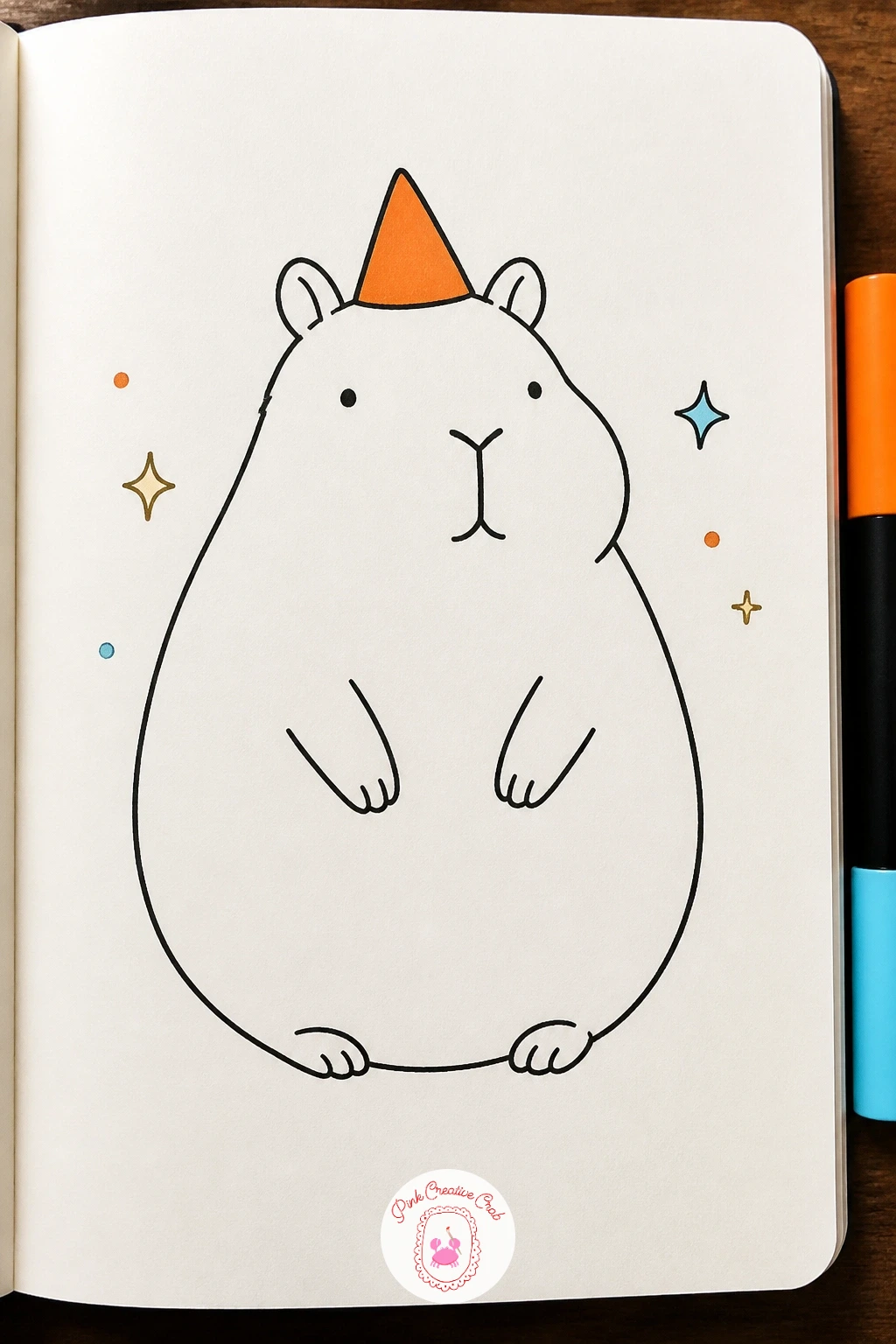 Capybara Wearing a Tiny Orange Hat — Move on to the first costume piece here, since a hat is the simplest way to give a capybara personality without changing