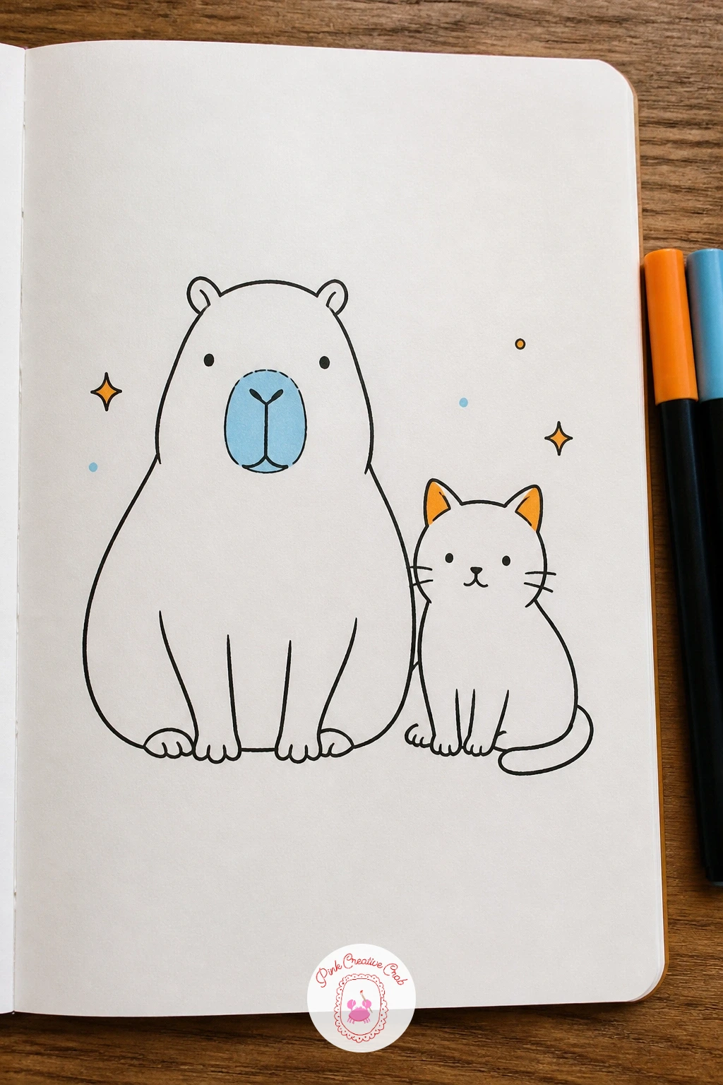 Capybara and a Cat Sitting Side by Side — Bring in a second animal now, since pairing shapes is a natural next skill after drawing one capybara alone. Capybara