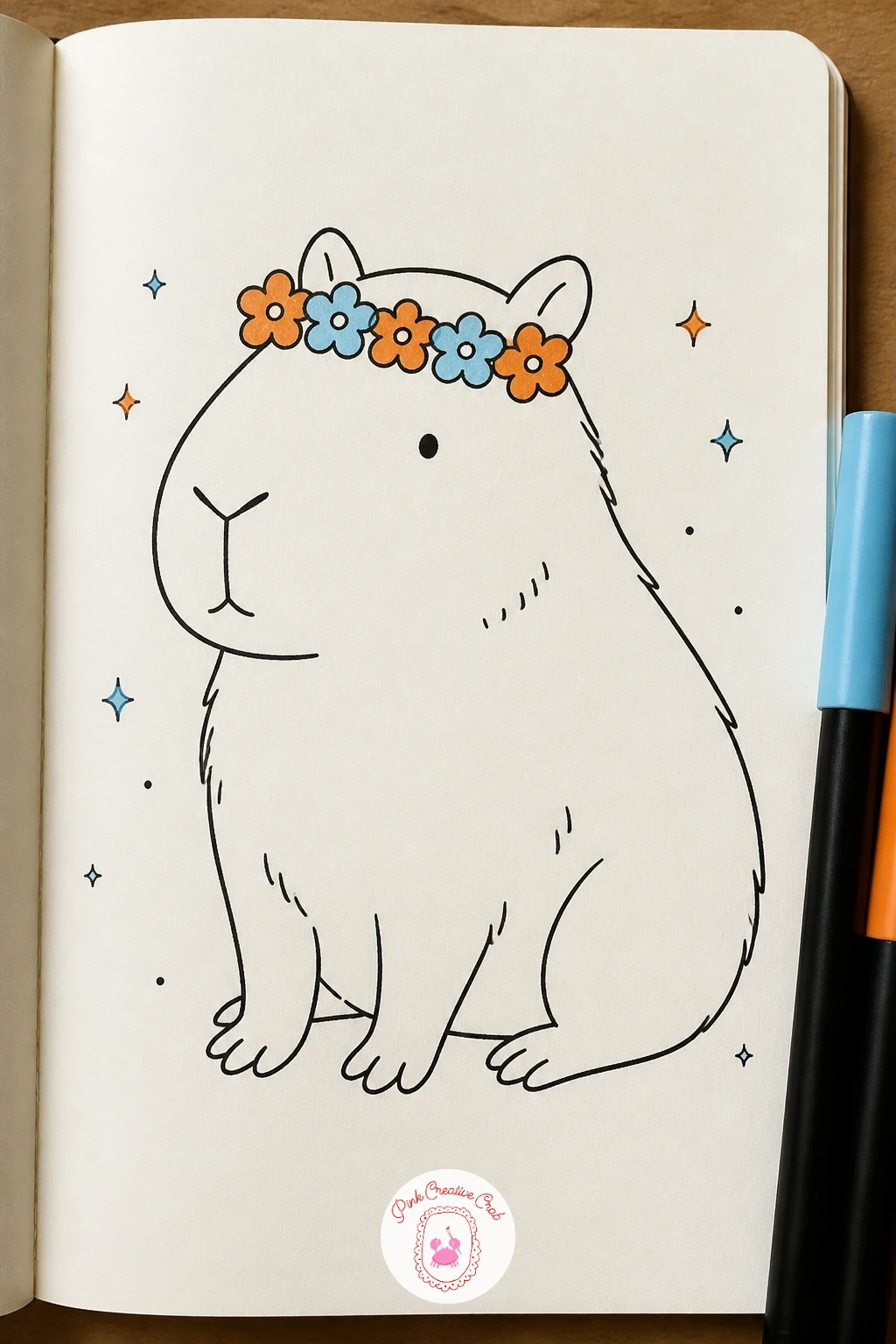 Capybara in a Flower Crown — Circle shapes are the whole trick to this one, since a flower crown is really just a ring of small blossoms sitting across the top
