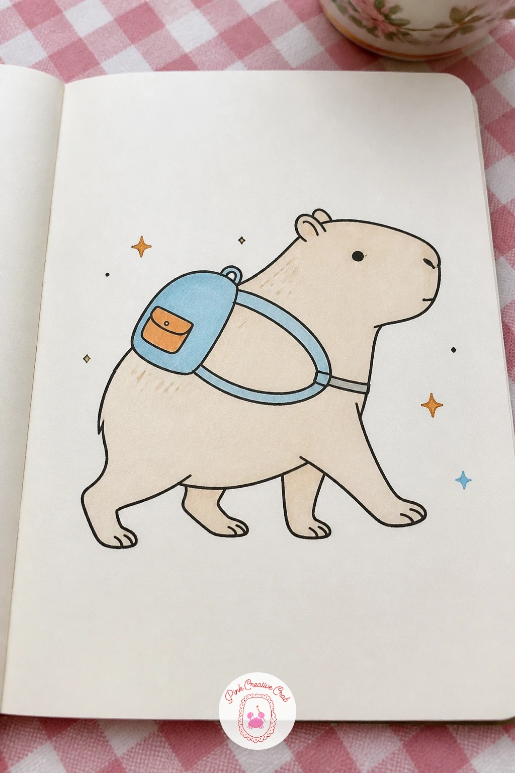 Capybara Wearing a Backpack — Here the eye level does some of the work, since a backpack drawn low and slightly behind the shoulders reads as worn rather than