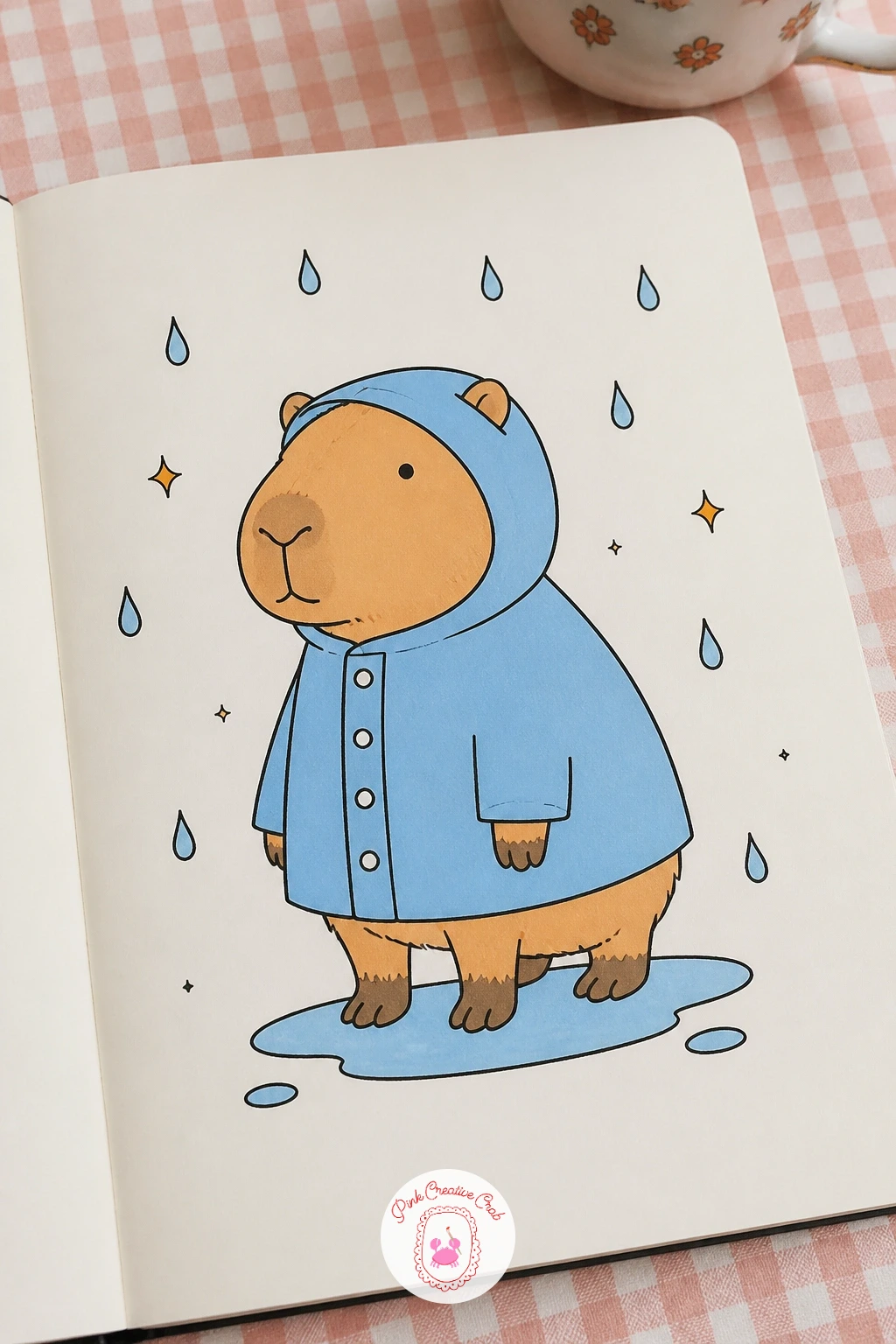 Capybara in a Raincoat — Light and water give this one its mood, so decide early where the raindrops fall and keep them consistent across the whole scene.
