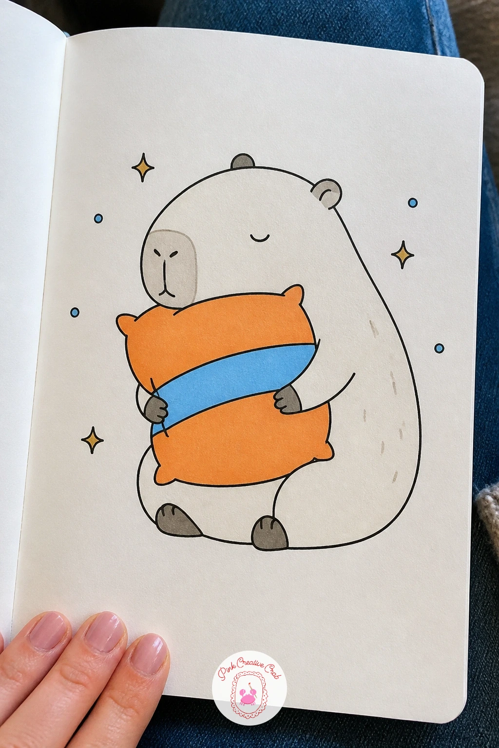 Capybara Hugging a Pillow — Softness is the whole point of this one, so keep every line slightly rounded and avoid any hard corners anywhere in the drawing.