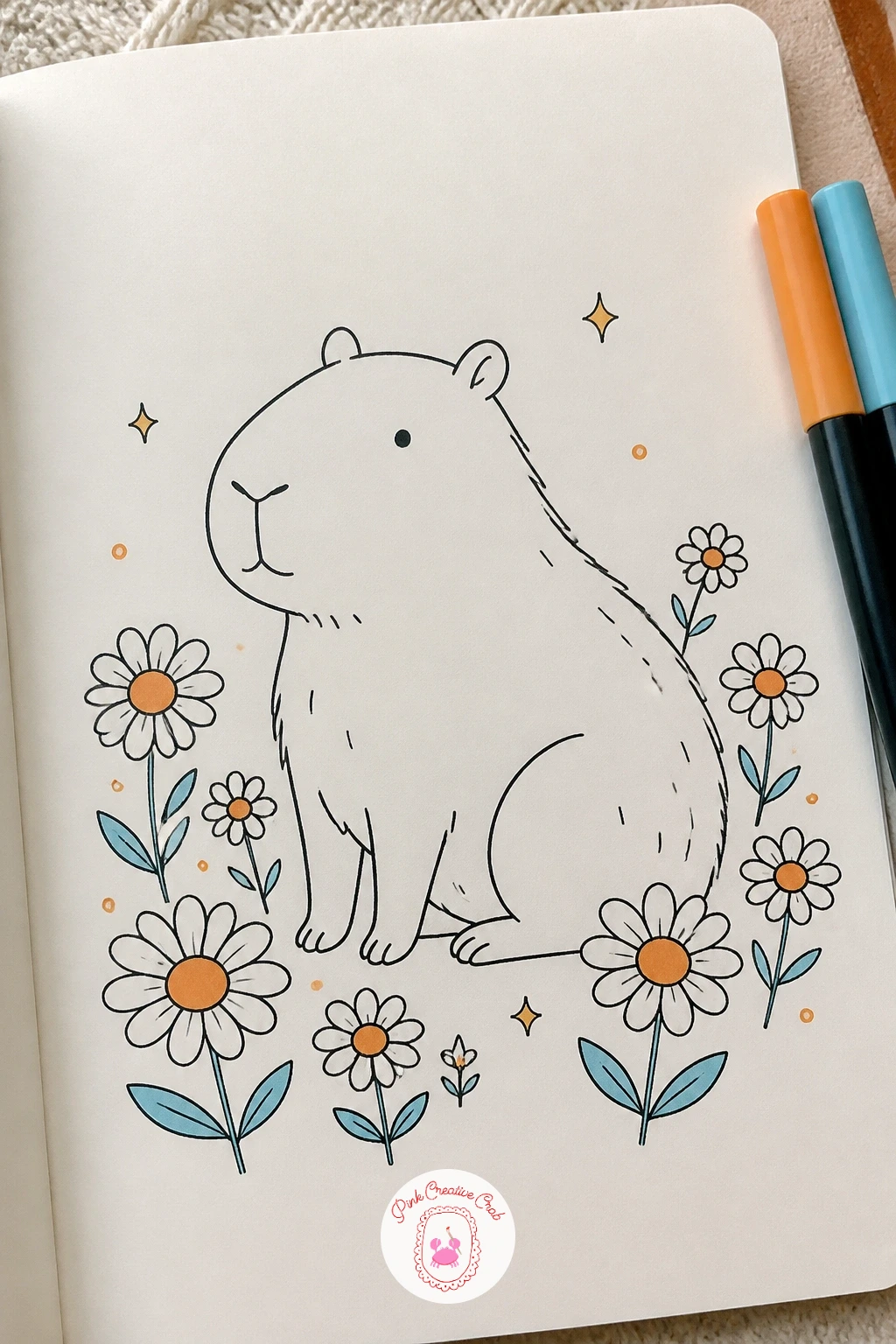 Capybara in a Field of Daisies — Scale is the trick in any small landscape scene like this one, so decide the capybara's size first and let every daisy stay