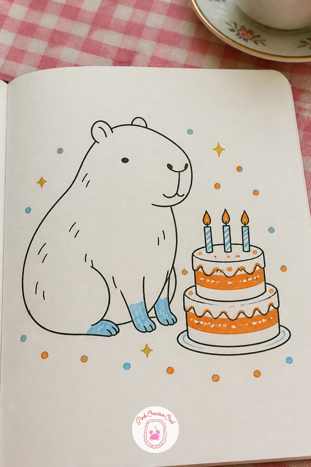 Capybara With a Birthday Cake — Keep this one about clean stacking shapes, since a simple cake is just two or three rounded tiers sitting squarely on top of