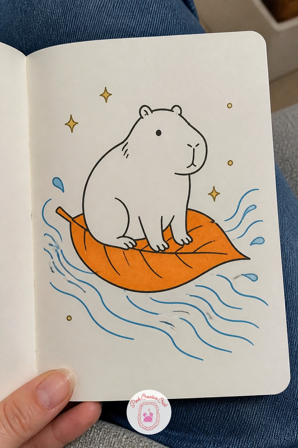 Capybara Riding a Leaf Down a Stream — This scene needs a sense of gentle movement, so keep every line curved and nothing perfectly straight, from the leaf's