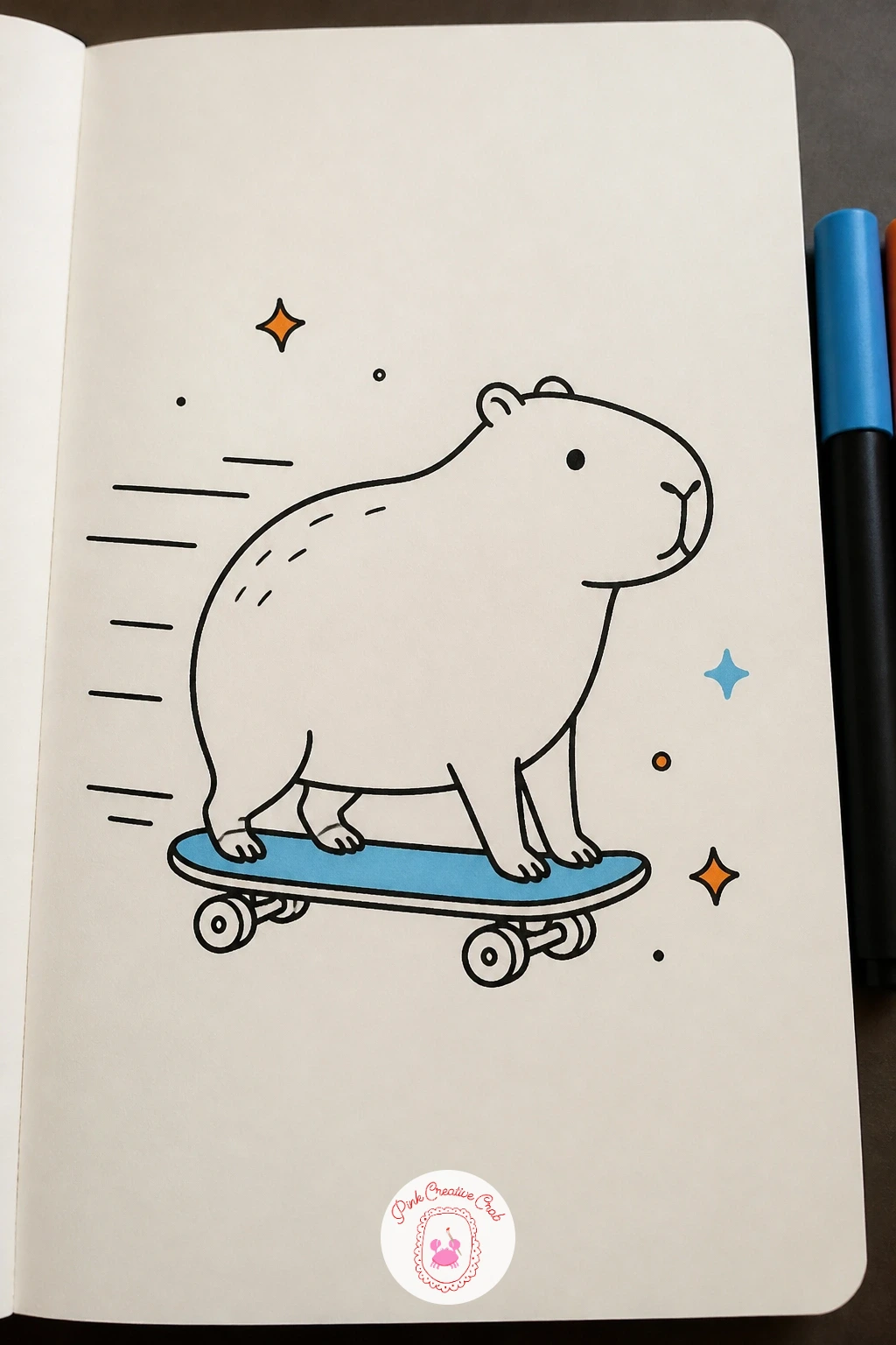 Capybara on a Skateboard — Balance and angle carry this whole doodle, so tilt the body very slightly forward to suggest motion rather than drawing it perfectly