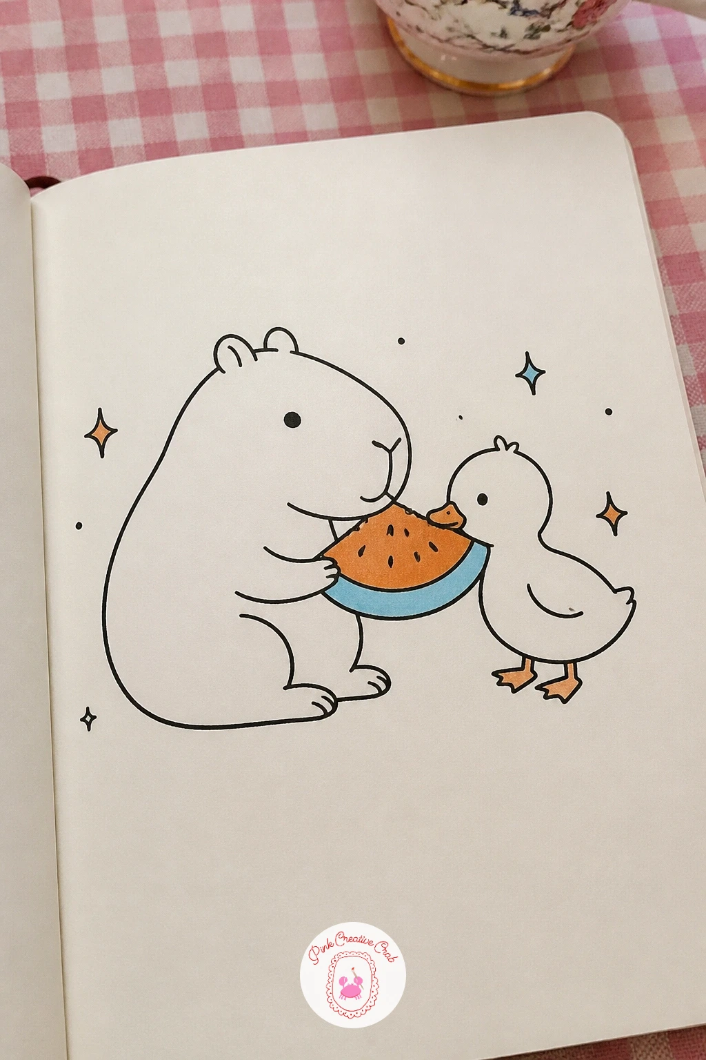 Capybara Sharing a Watermelon Slice With a Duckling — Two characters sharing one object is a nice step up in storytelling, so place the watermelon slice