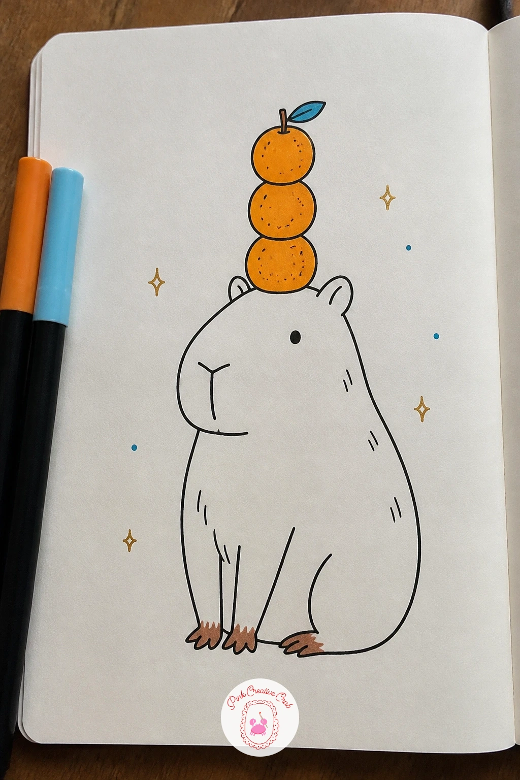 Capybara Balancing Oranges on Its Head — Stacking shapes carefully is the whole challenge here, so sketch a light centre guideline up through the head before