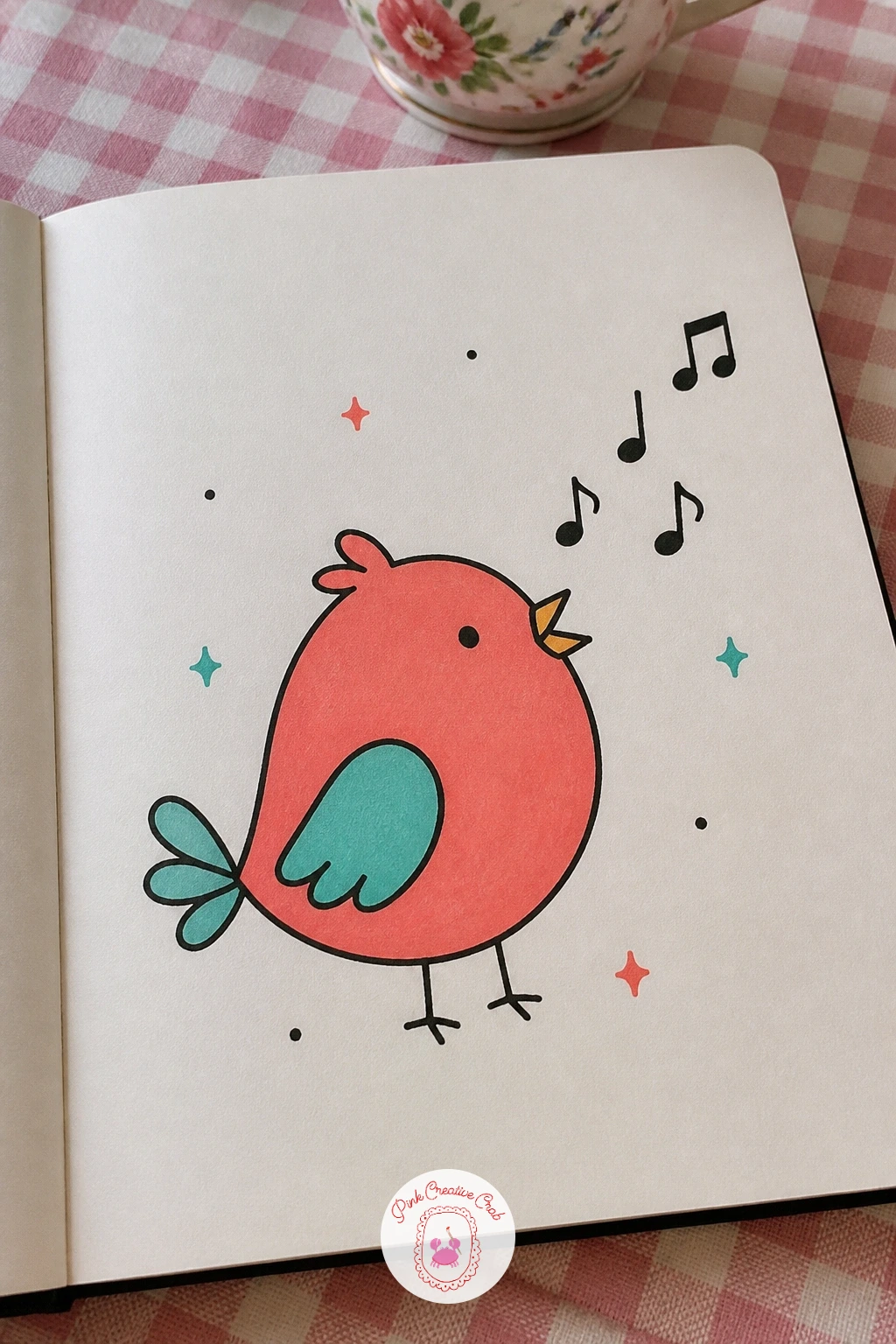 Bird Singing With Notes — Start with a bird singing, because it teaches the whole trick of this list in one go: a round body, a small pointed beak open mid
