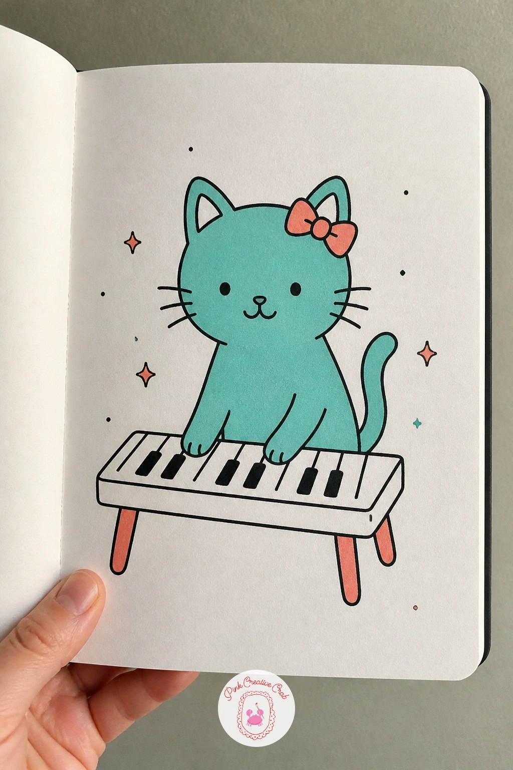 Cat Playing Piano — Move on to a cat at the piano, since it is still just a few shapes stacked together: a rounded cat body sitting upright, two front paws