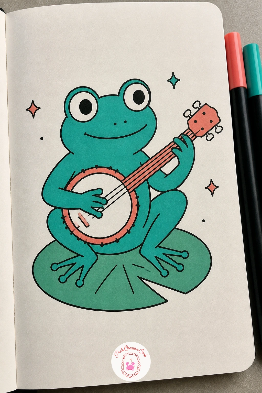 Frog Playing Banjo — A frog on a lily pad with a tiny banjo is a nice jump from flat objects into a small scene. Music doodle