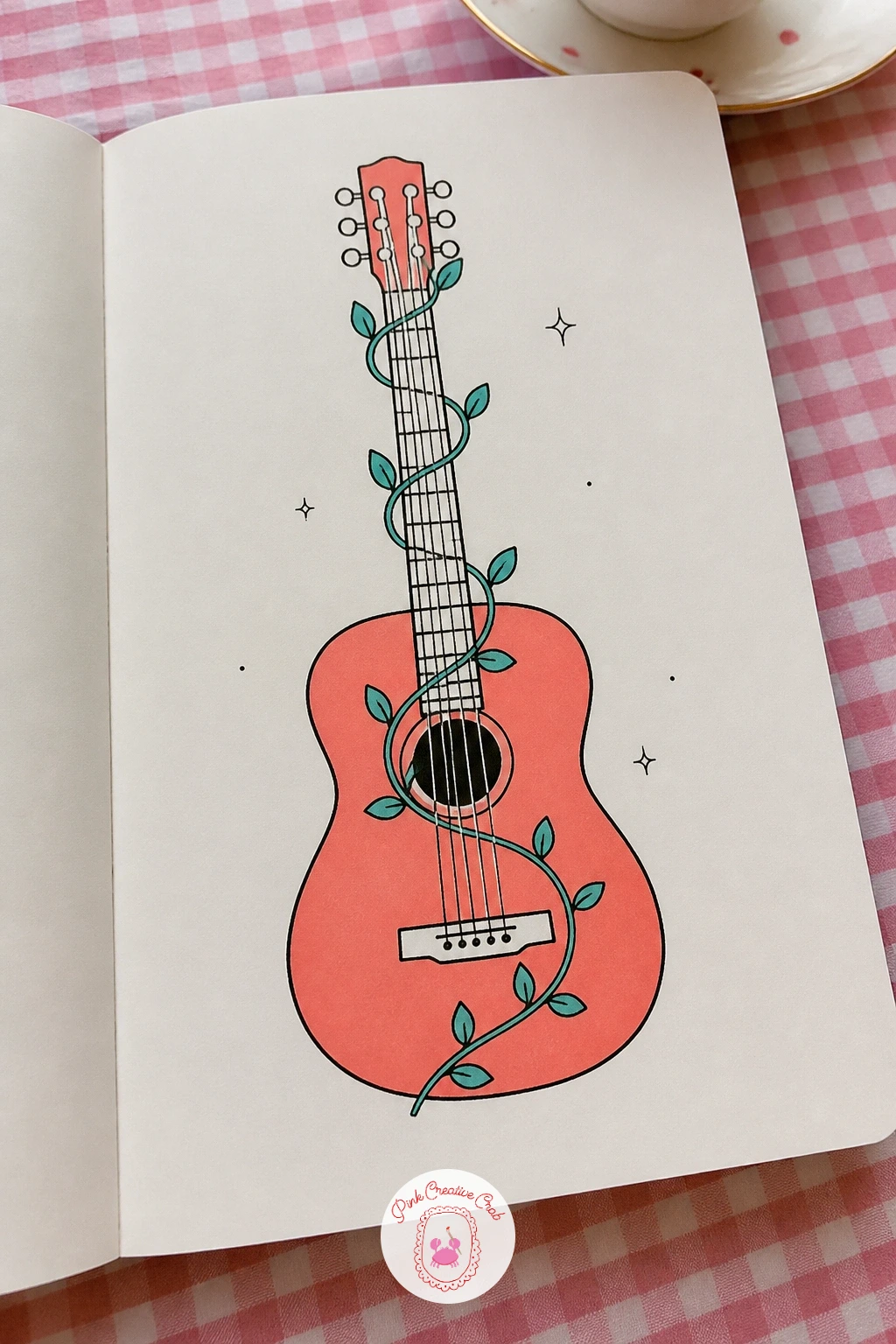 Guitar With Vine — Follow the frog with a guitar wrapped in a climbing vine, a good subject for practicing clean curved outlines. Music doodle