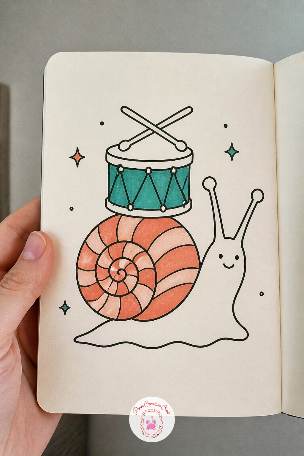 Snail Carrying Drum — A snail hauling a tiny drum on its shell plays nicely with the idea of a slow creature carrying something loud. Music doodle