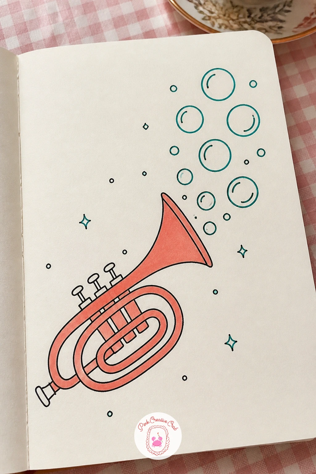 Trumpet Blowing Bubbles — A trumpet blowing bubbles instead of notes is a fun twist to draw after all those straight edged objects. Music doodle