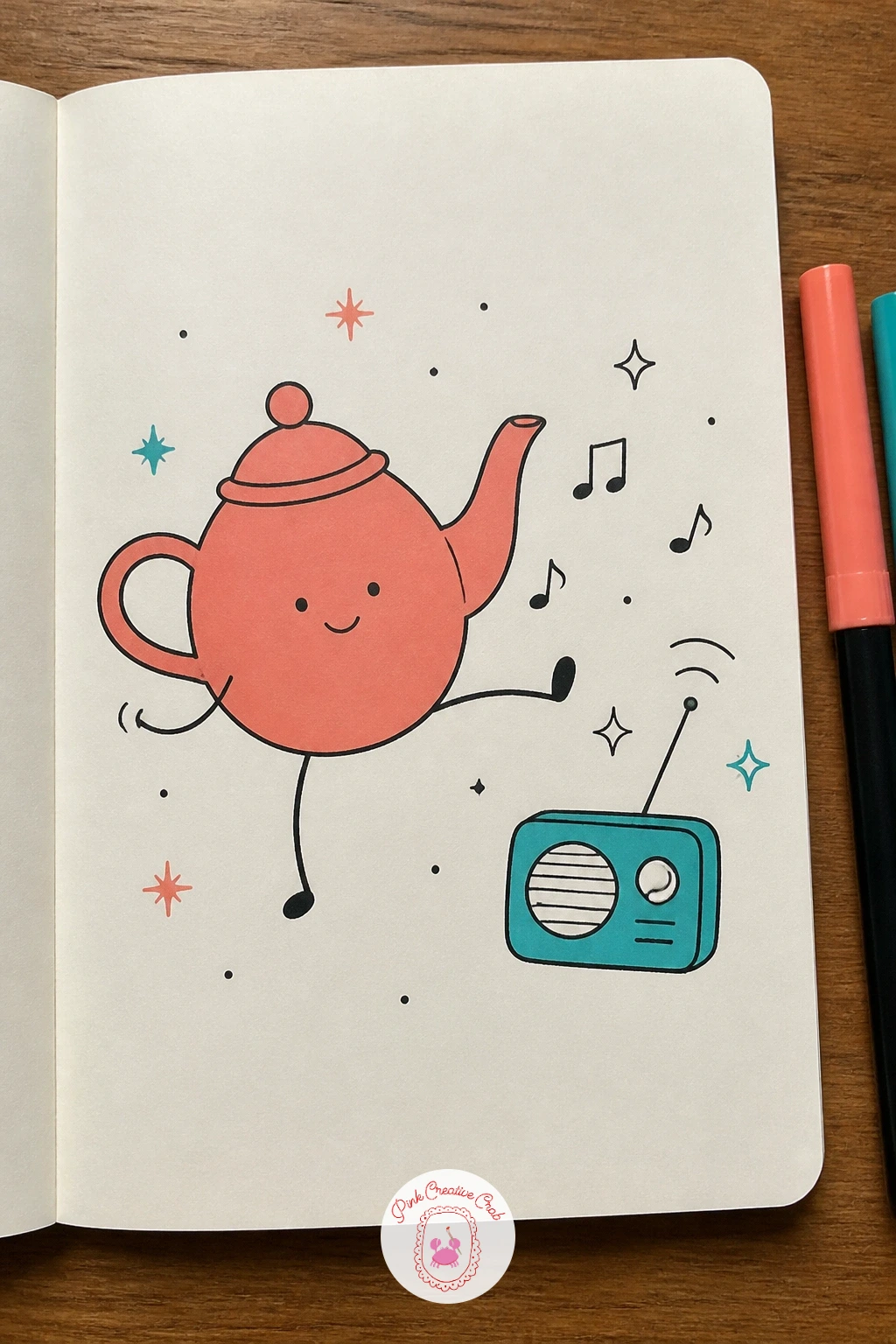Teapot Dancing To Radio — A dancing teapot next to a small radio pairs two household objects into one cheerful scene. Music doodle