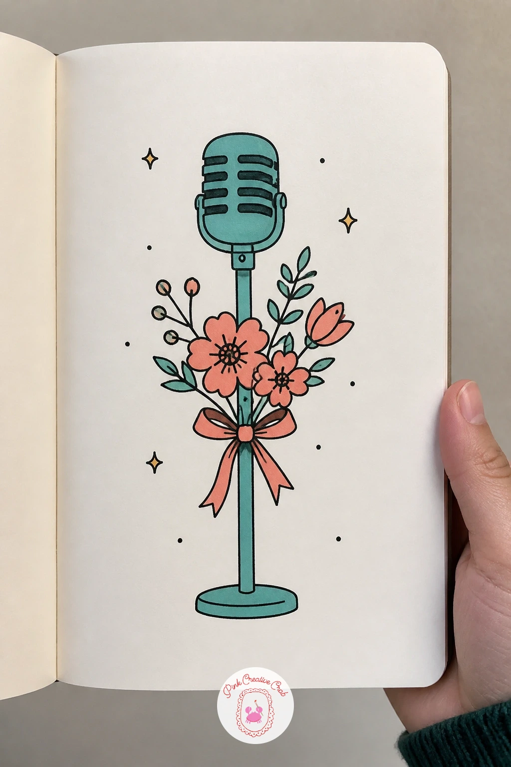 Microphone With Bouquet — Follow the bee with a microphone that has a small bouquet tied around its stand, a nice pairing of hard and soft shapes. Music doodle