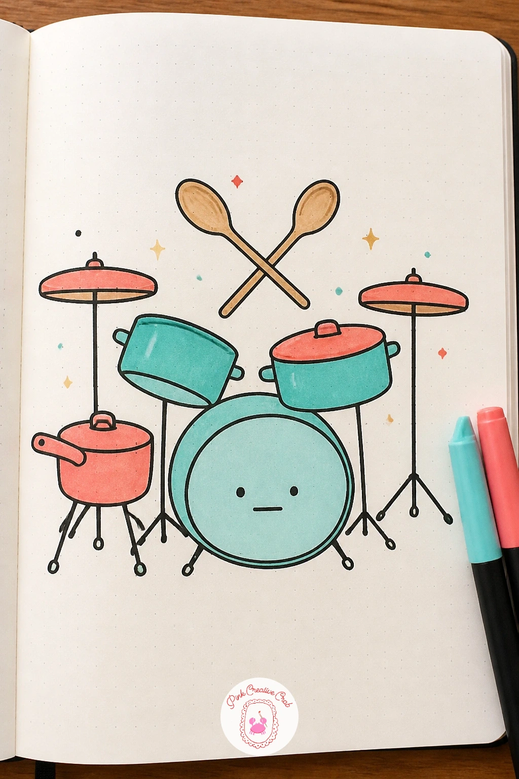 Drum Kit Of Pots And Pans — A tiny drum kit built from pots and pans is a nice bit of whimsy after a run of actual instruments. Music doodle