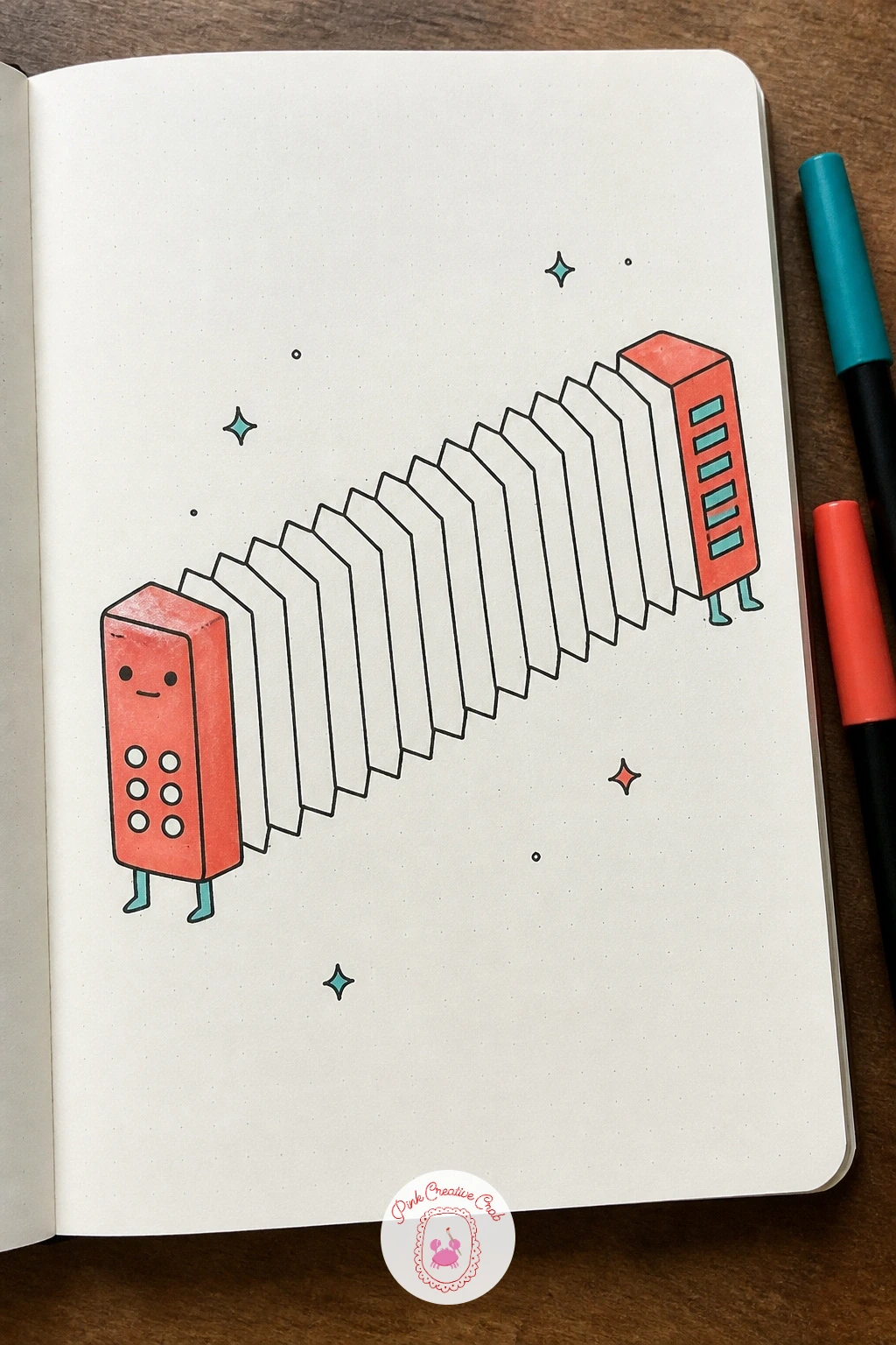 Stretching Accordion — An accordion stretched out like a caterpillar is a fun shape joke that plays on the instrument's folded bellows. Music doodle