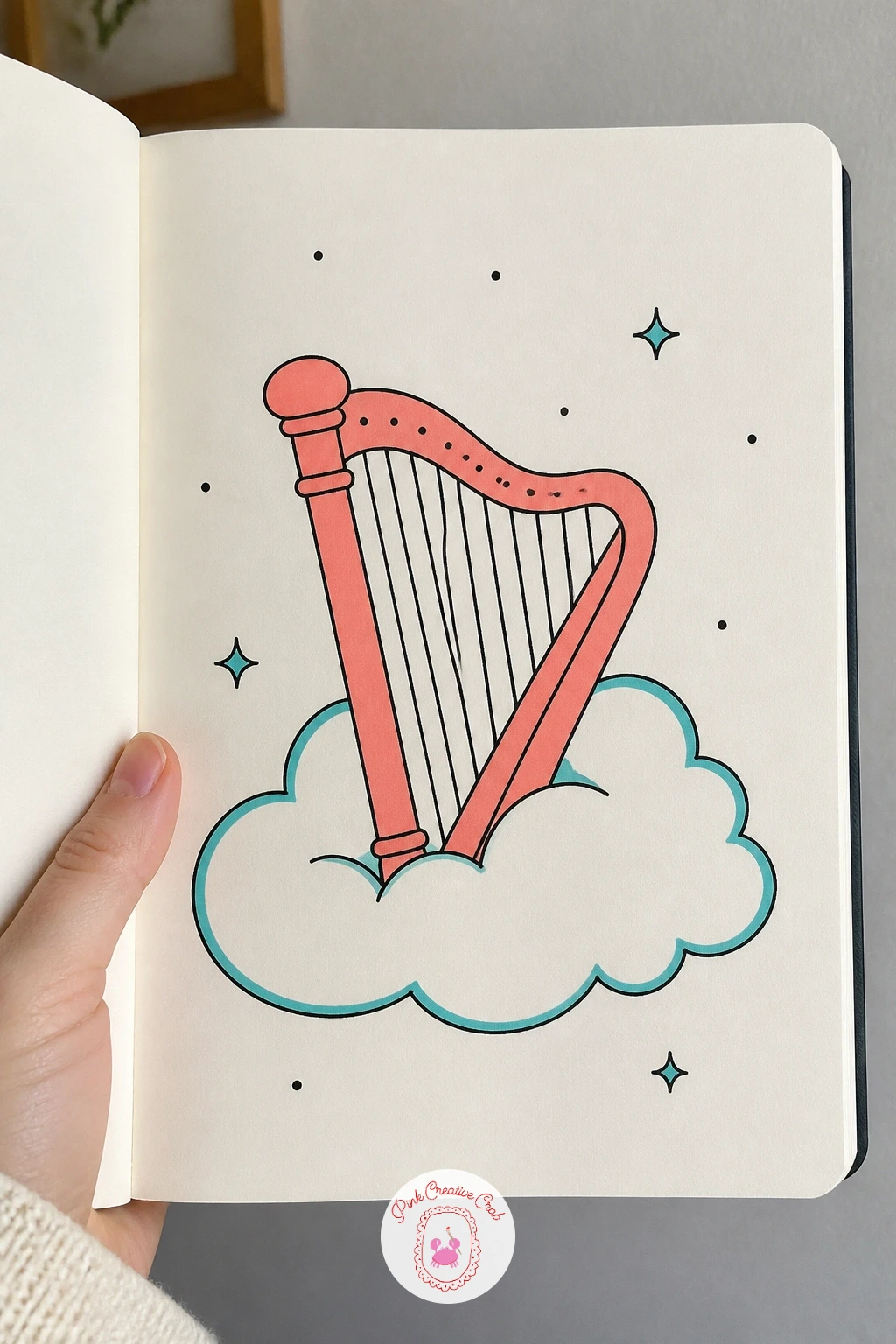 Harp On A Cloud — A small harp resting on a cloud is a gentler subject, worth slowing down for after the busier scenes earlier in this list. Music doodle