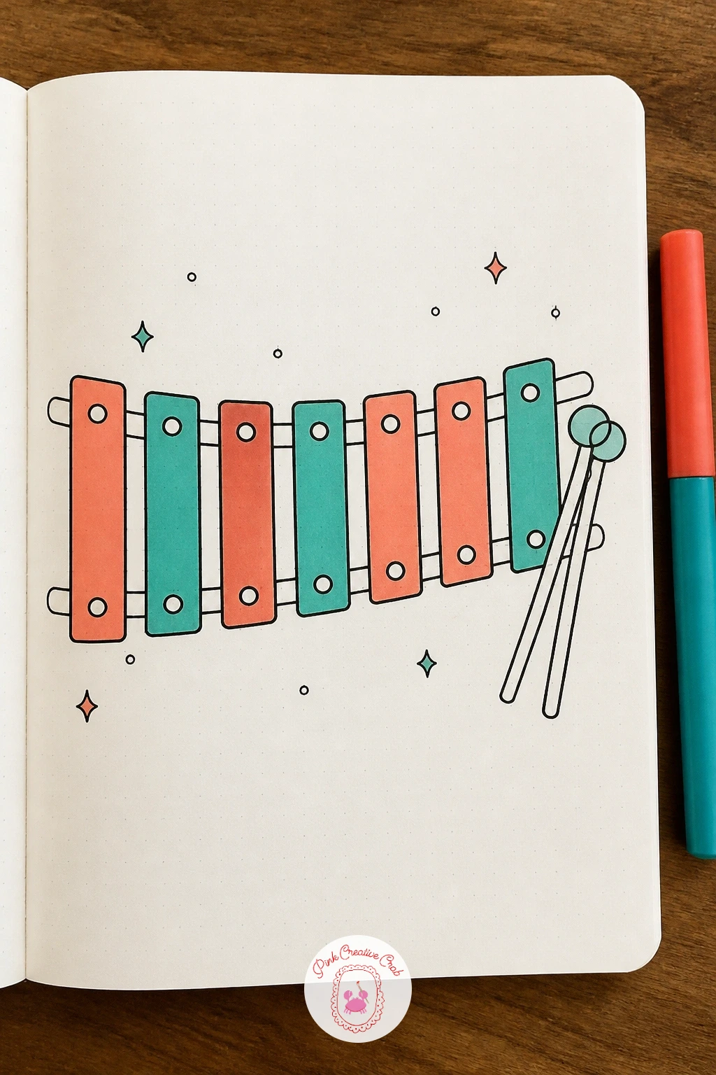 Rainbow Xylophone — A xylophone with rainbow colored keys gives you a chance to play with color across one simple repeated shape. Music doodle