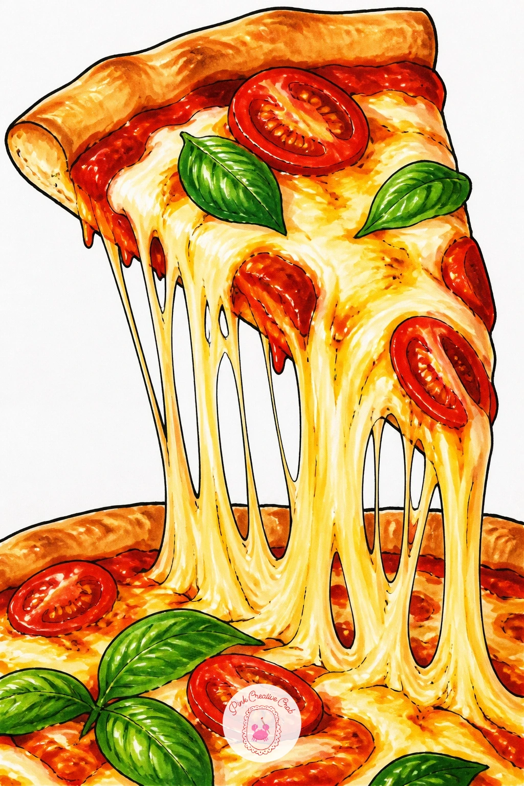 Stretchy Cheese Pull Slice — Once the whole pie feels comfortable, zoom into one slice lifted mid-bite, with a long stretchy cheese pull connecting it back to