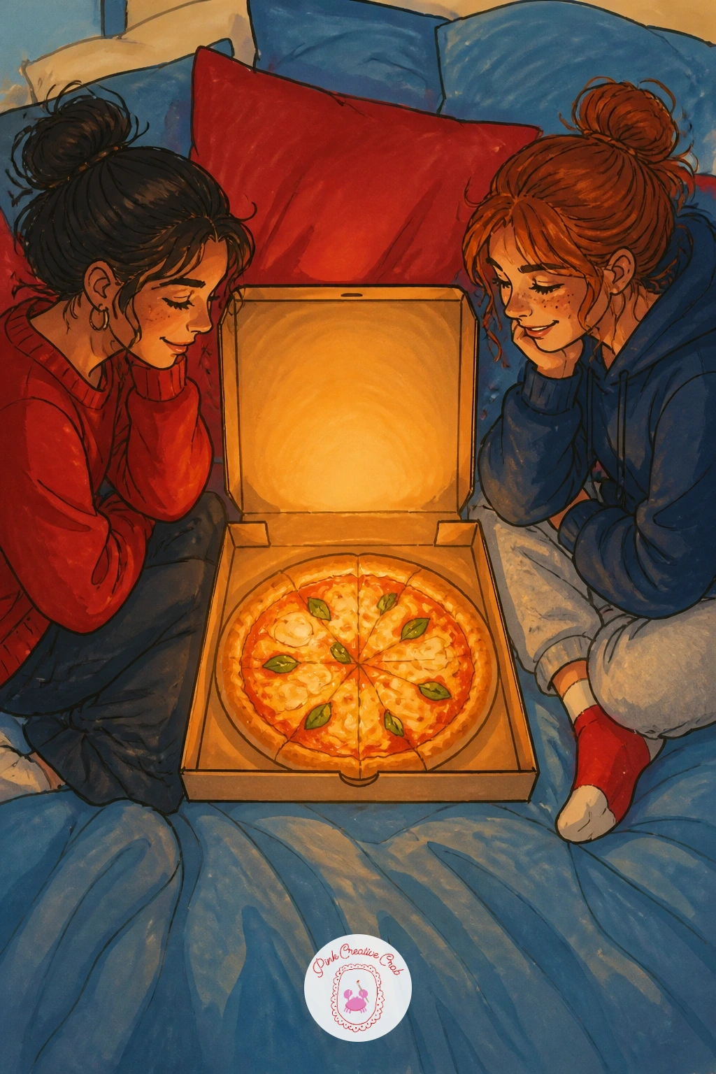 Pizza Box Shared On A Bed — Move from the close-up slice to a whole scene: an open pizza box sitting between two friends on a bed, late-night energy, socks and