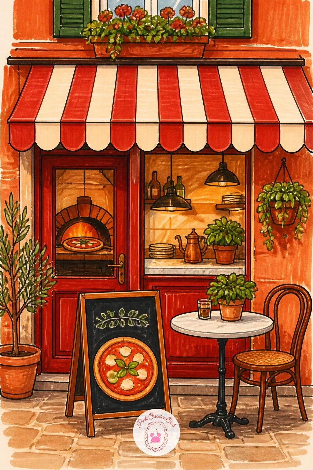 Pizzeria Storefront With Striped Awning — Step outside for a pizzeria storefront, striped awning out front, a chalkboard sign and maybe a cafe table on the