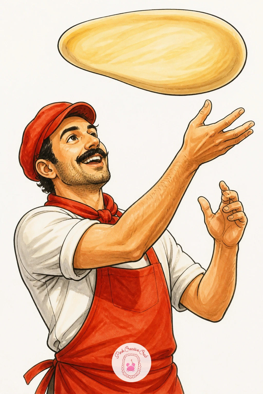 Pizza Chef Tossing Dough — Bring motion into the series with a pizza chef caught mid-toss, dough flattened into a disc hanging in the air above his hands.
