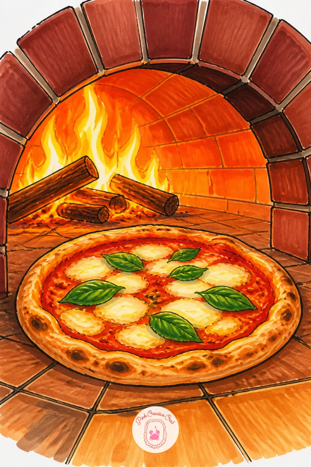 Pizza Baking In A Wood Fired Oven — Head back indoors, so to speak, for a pizza baking inside a wood-fired oven, flames licking at the brick and a wooden peel