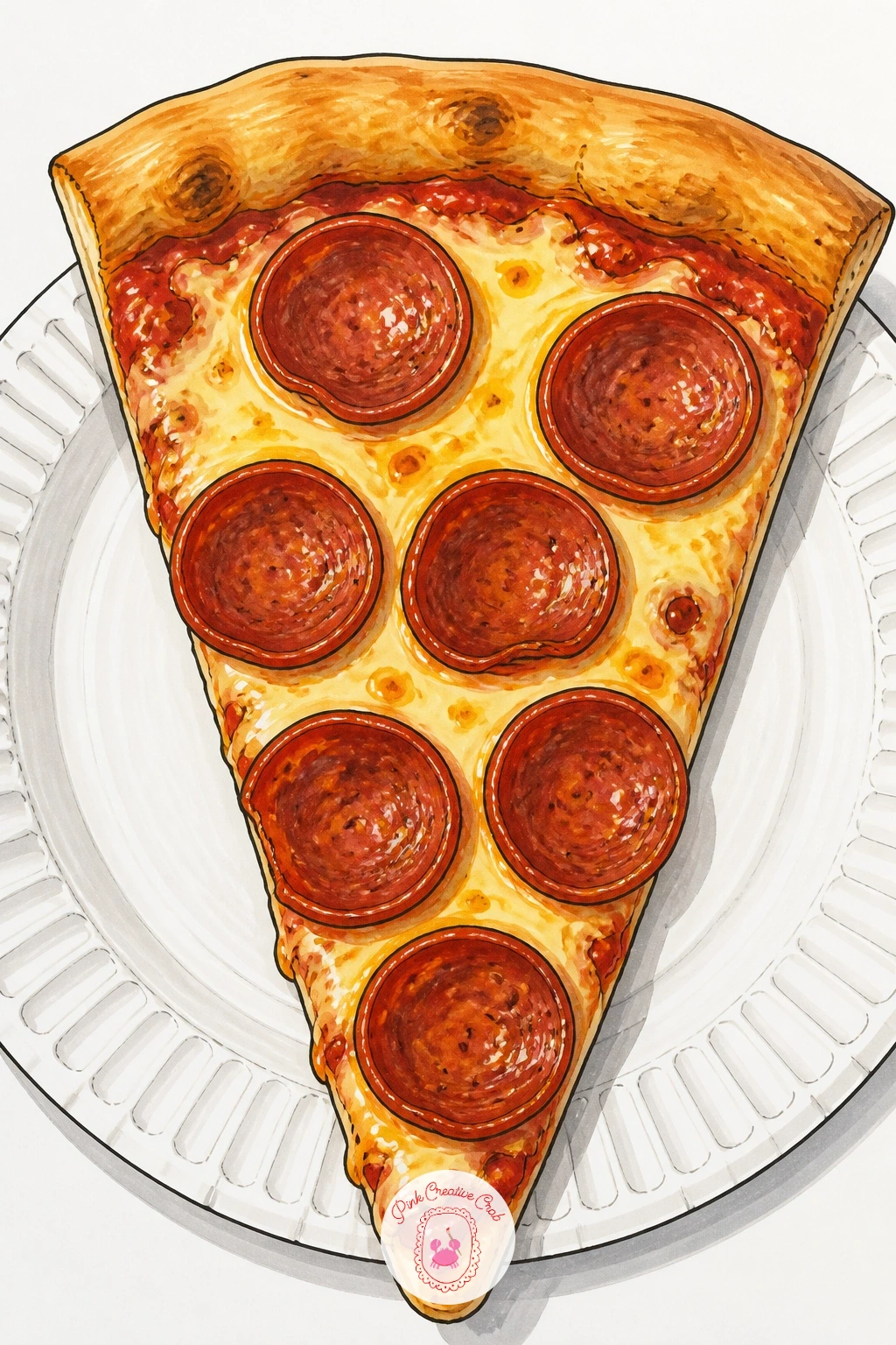 Pepperoni Slice On A Paper Plate — Settle into something quieter next, a single pepperoni slice resting on a thin paper plate, the kind of drawing you can