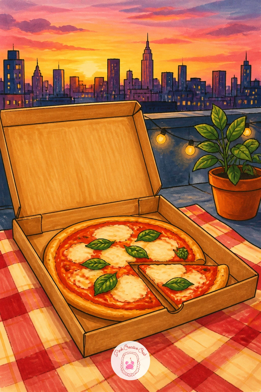 Pizza Picnic On A Rooftop — Give pizza a view with a rooftop picnic, a box open on a blanket and a skyline silhouette behind it. Pizza drawing