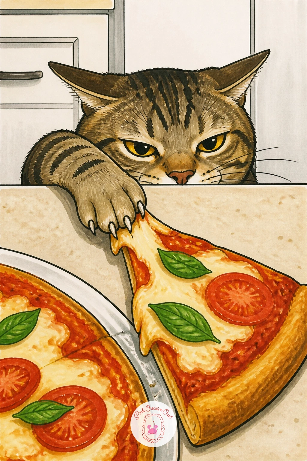 Cat Stealing A Slice From The Counter — Let a little mischief into the kitchen with a cat stealing a slice off the counter, paw mid-reach and ears pinned back