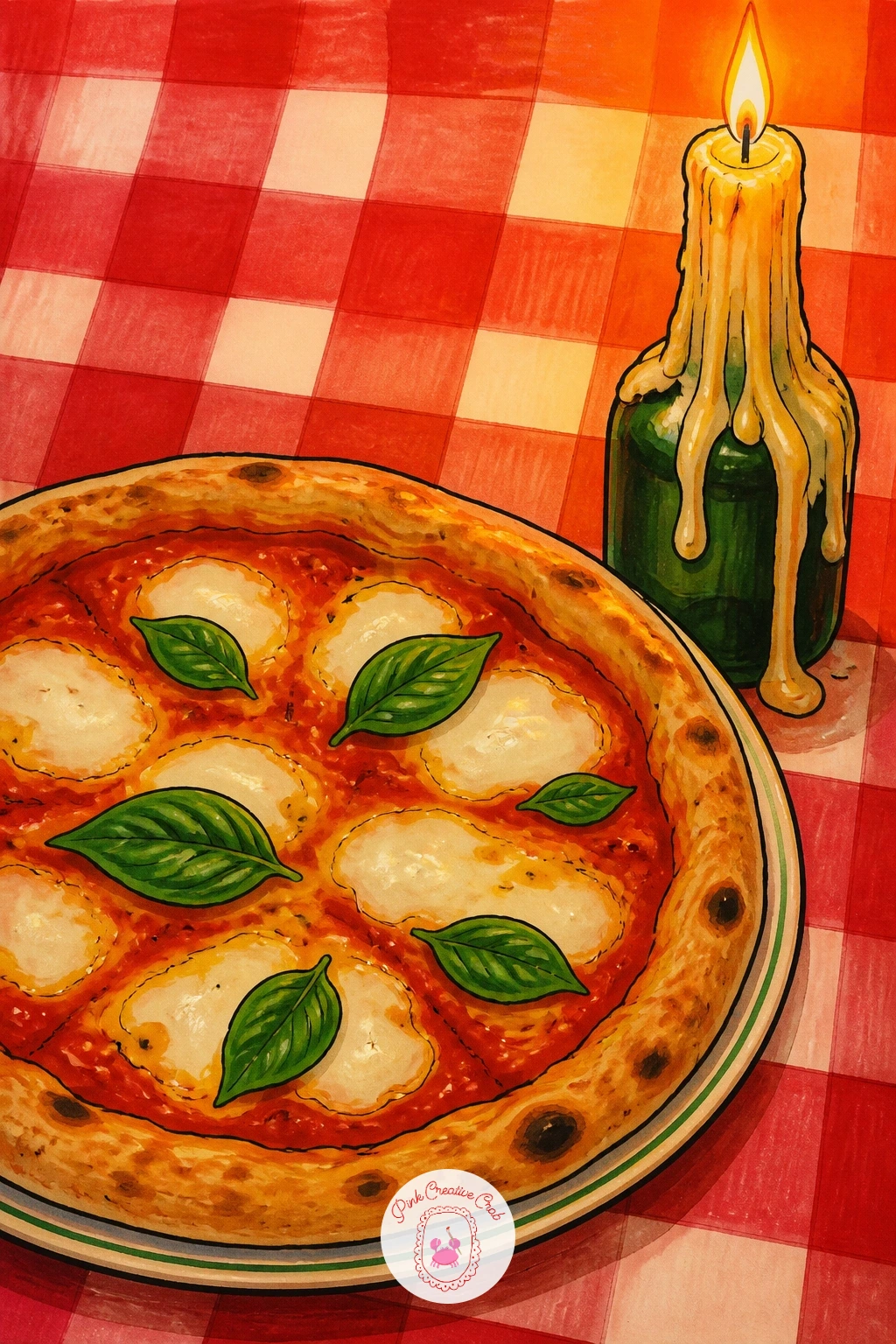 Pizza On A Checkered Tablecloth With A Candle — Set a romantic little scene next: a pizza on a red-and-white checkered tablecloth with a single candle melting