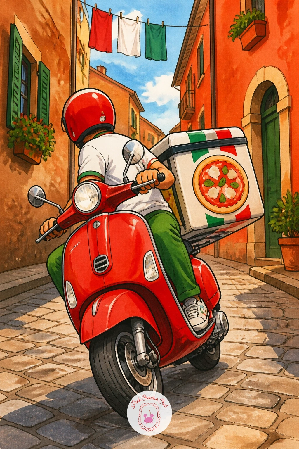 Pizza Delivery Scooter On An Italian Street — Take the pizza out for delivery on a scooter weaving down a narrow Italian street, insulated box strapped to the