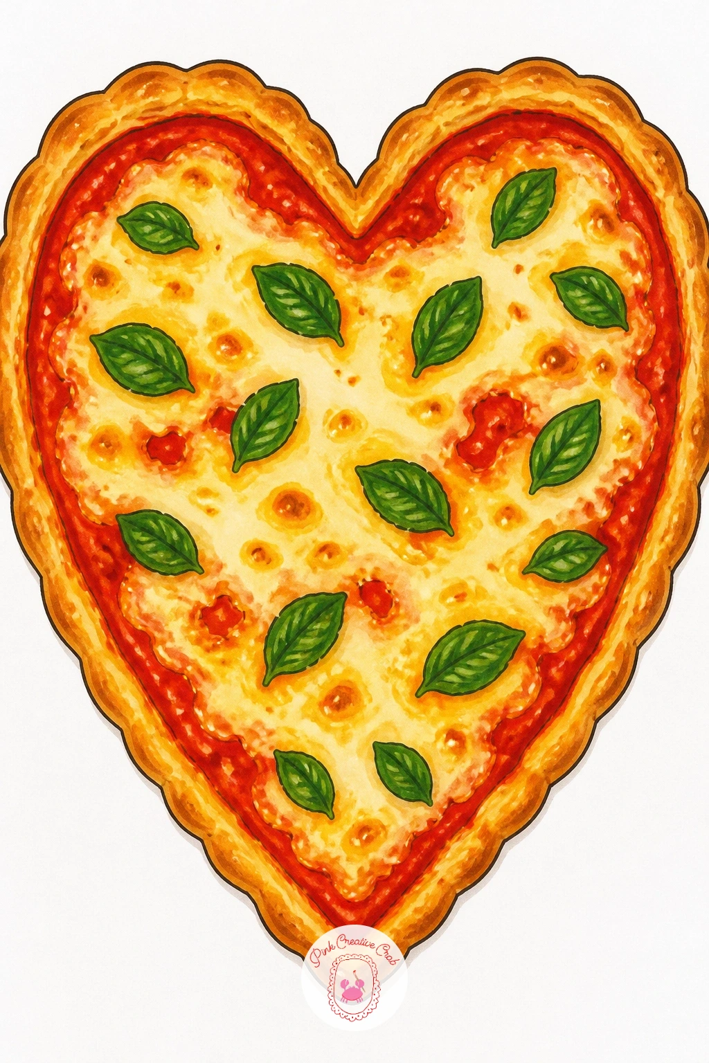 Heart Shaped Pizza — Simplify things with a heart-shaped pizza, whole and proud in the center of the page, the kind of drawing that works for an anniversary