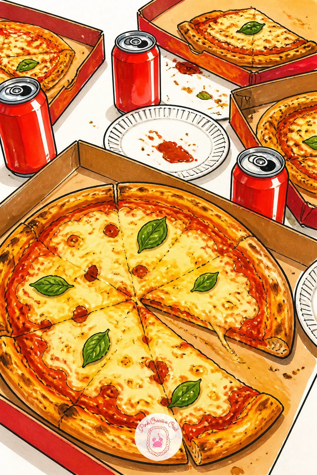 Pizza Party Table With Sodas — Widen the frame for a full pizza party table, a couple of open boxes, soda cans, and paper plates scattered in that happy